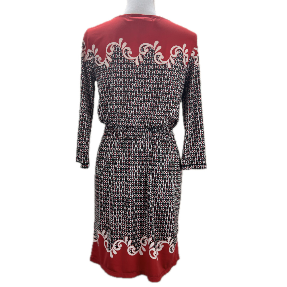 Max Studio Women Midi Dress S Red Black Geometric Print 3/4 Sleeve Elastic Waist - Picture 2 of 9
